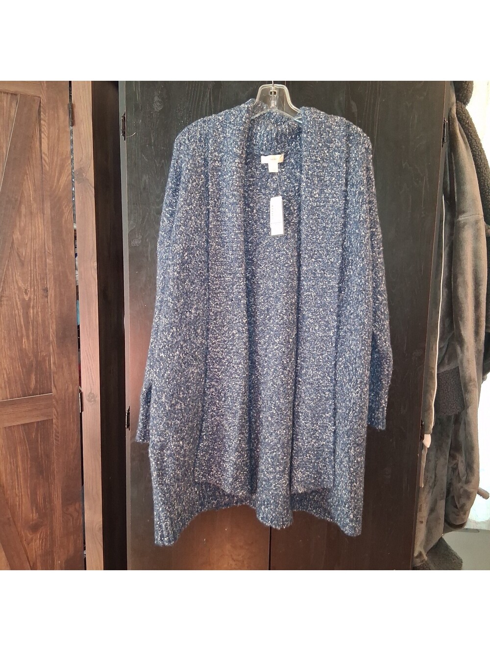 NWT CJ Banks 2X Blue Marled Chunky Knit Longline Open Front Cardigan Sweater
